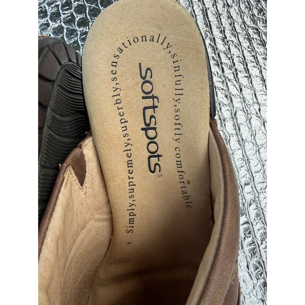 Softspots Women’s Brown Leather Slip-On Mule Wedge Heel Round Toe, Stitching